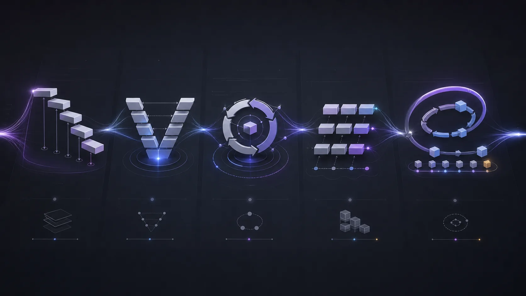 Five abstract software development workflows connected by luminous threads on a dark engineering interface